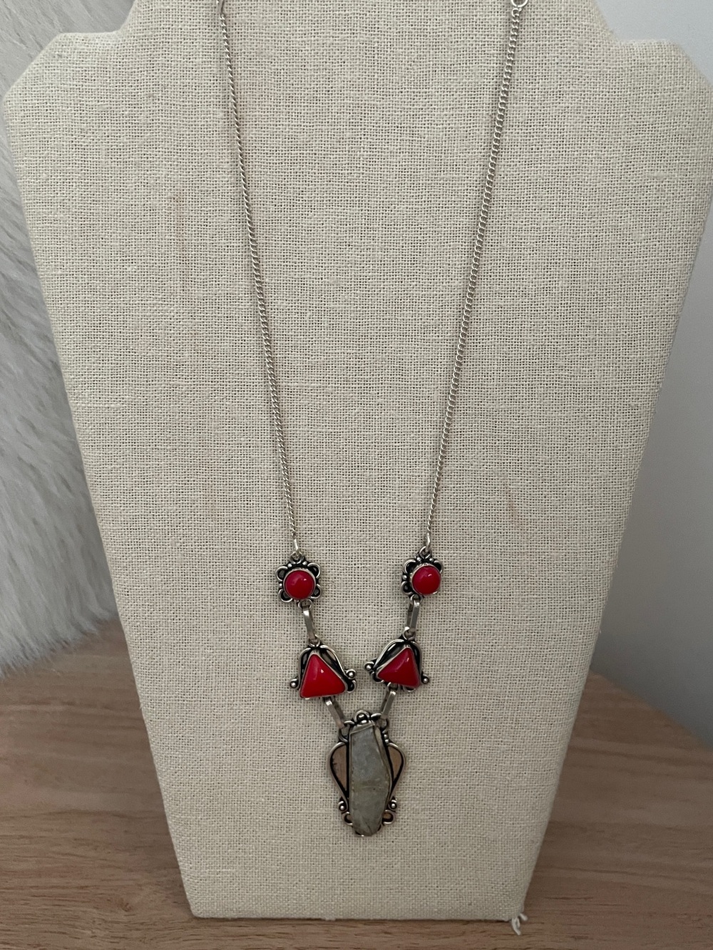 Handcrafted Silver Necklace with Red Rosarita and Moonstone